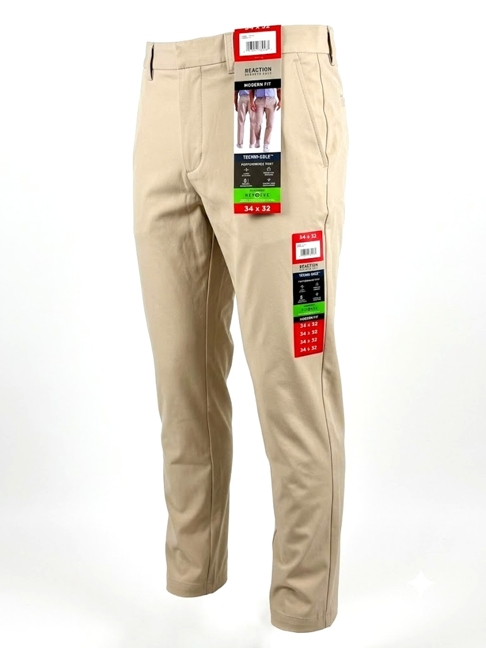 Reaction Kenneth Cole Men's Stretch Performance Pants 34x32 Tan Khaki Chino NWT